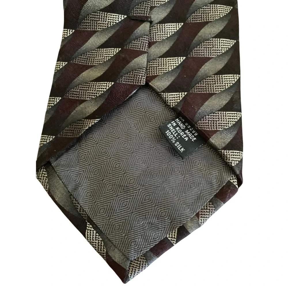 Joseph & Feiss International Mens Silk Tie‎ Burgundy Silver Grey Geometric Wavy